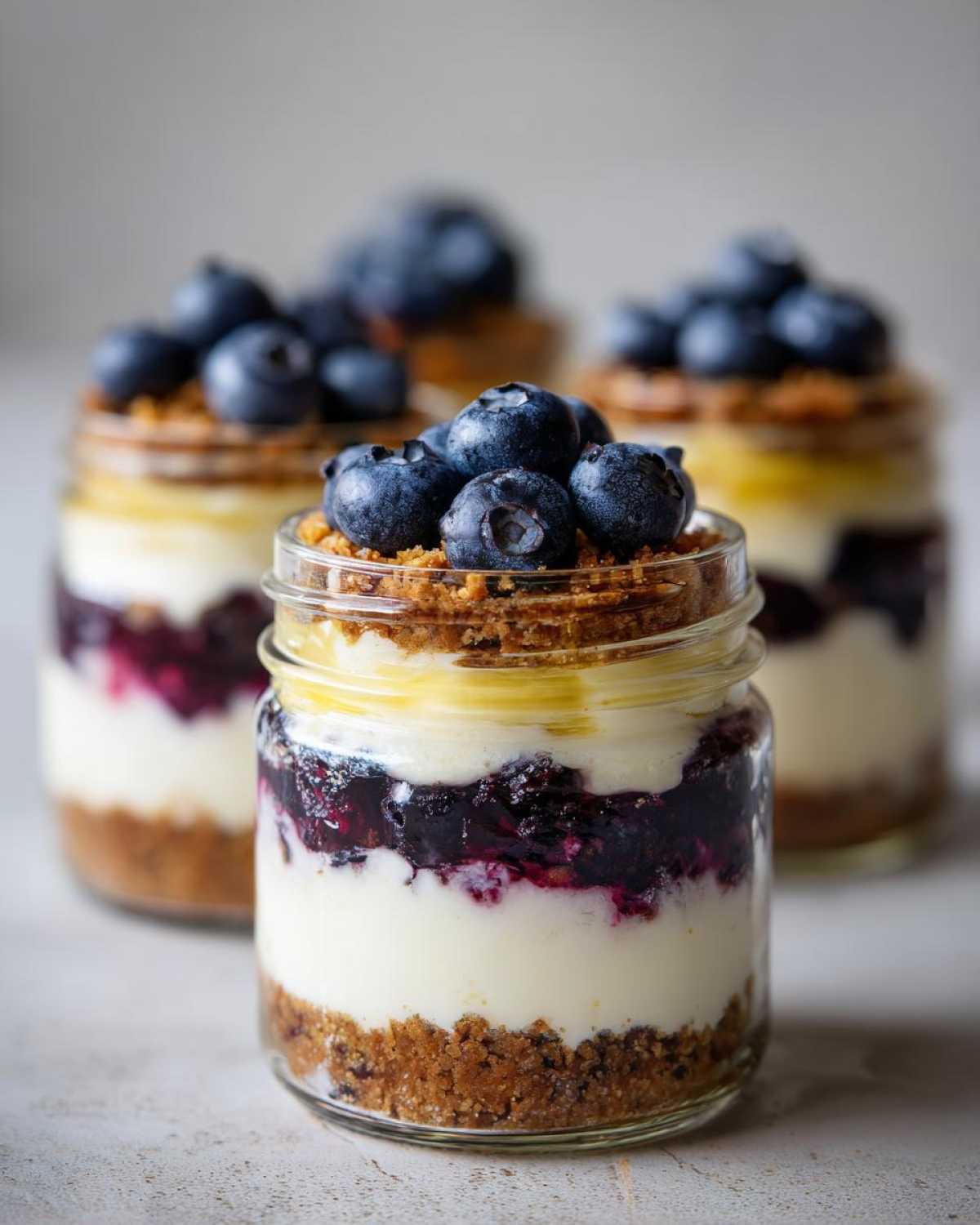 Close-up of a layered Lemon Blueberry Cheesecake Jar topped with fresh blueberries and graham cracker crumbs.
