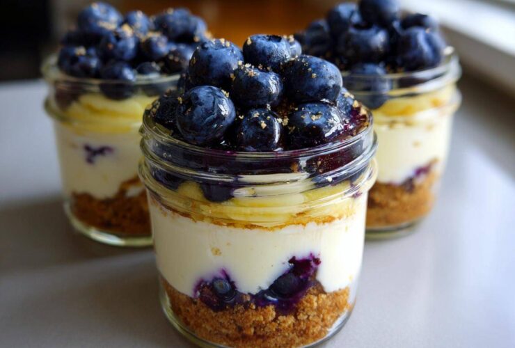 Three individual Lemon Blueberry Cheesecake Jars featuring graham cracker crust, creamy filling, and a generous topping of fresh blueberries.