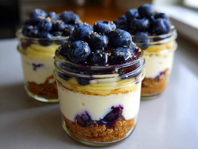 Three individual Lemon Blueberry Cheesecake Jars featuring graham cracker crust, creamy filling, and a generous topping of fresh blueberries.