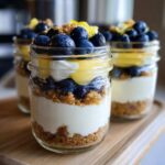 Close-up of a layered Lemon Blueberry Cheesecake Jar showing graham cracker crust, cream cheese filling, lemon curd, and fresh blueberries.