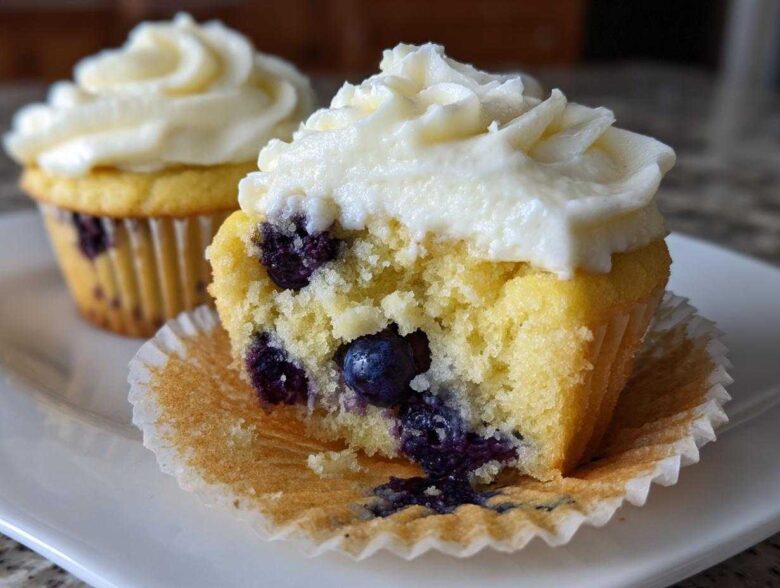 Close-up of a Lemon Blueberry Cupcakes with Cream Cheese Frosting cut in half, showing moist cake and blueberries.