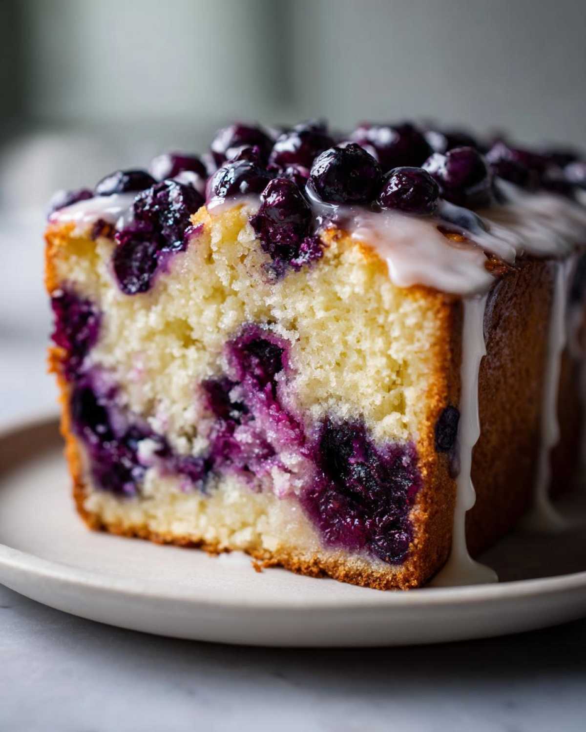 Close-up of a moist slice of Lemon Blueberry Yogurt Loaf topped with fresh blueberries and a white glaze.
