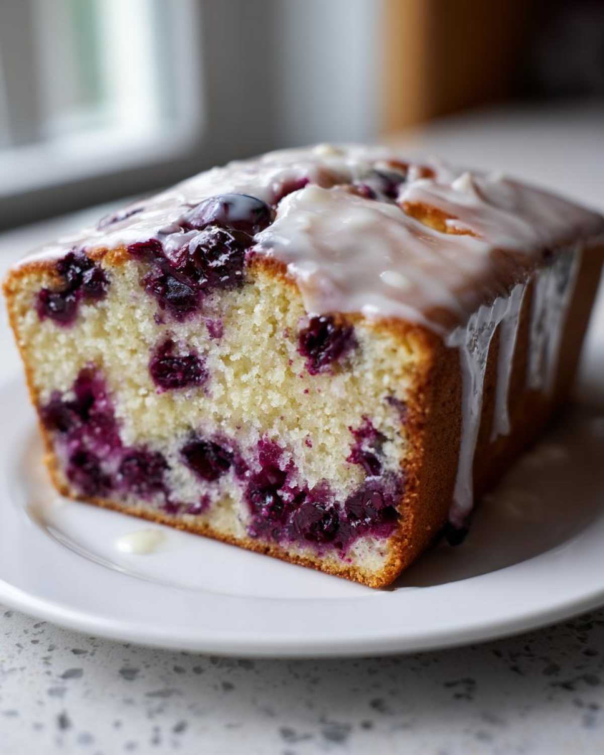 Close-up of a slice of Lemon Blueberry Yogurt Loaf showing moist crumb and purple blueberries, topped with white glaze.