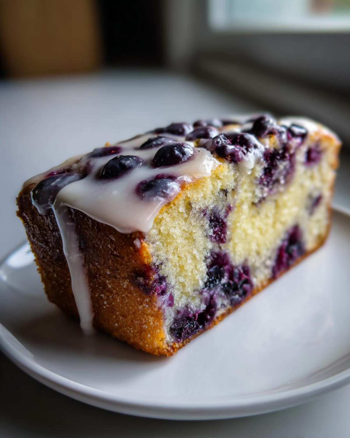 A moist slice of Lemon Blueberry Yogurt Loaf topped with a thick lemon glaze and fresh blueberries.