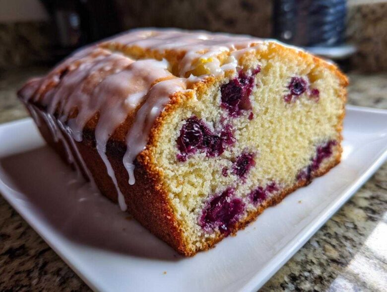 A close-up of a moist Lemon Blueberry Yogurt Loaf topped with a sweet white glaze.