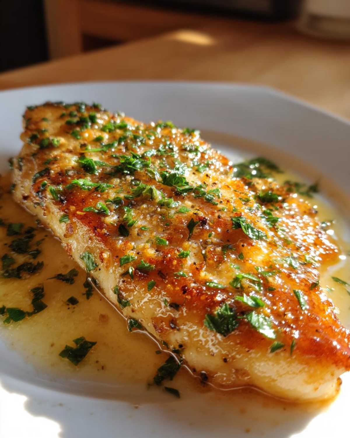 Close-up of a golden-brown Lemon Garlic Butter Tilapia fillet glistening with sauce and topped with fresh parsley.