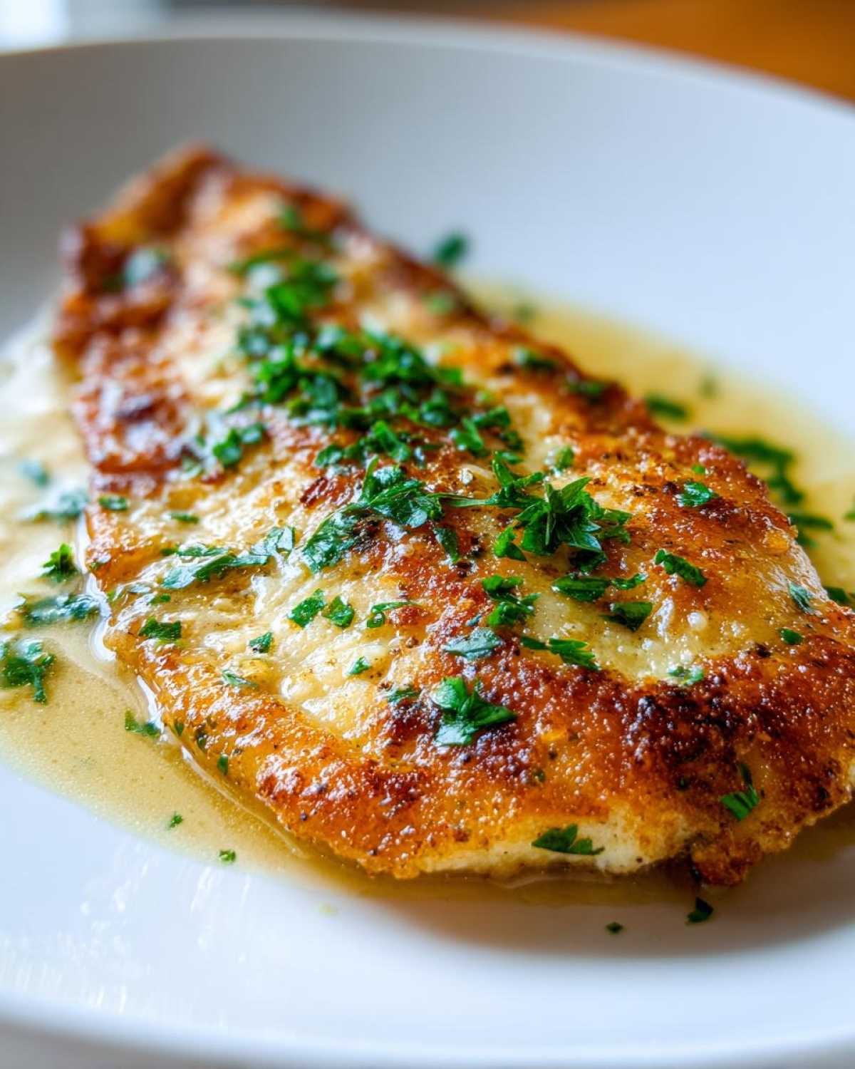 Close-up of a pan-seared Lemon Garlic Butter Tilapia fillet topped with fresh parsley.