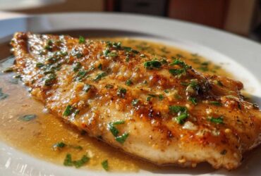 A close-up of a perfectly cooked Lemon Garlic Butter Tilapia fillet swimming in savory sauce and topped with fresh parsley.