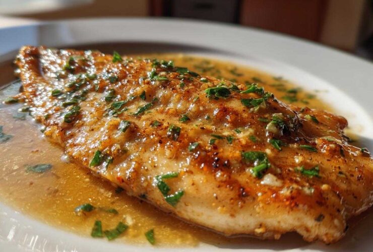 A close-up of a perfectly cooked Lemon Garlic Butter Tilapia fillet swimming in savory sauce and topped with fresh parsley.