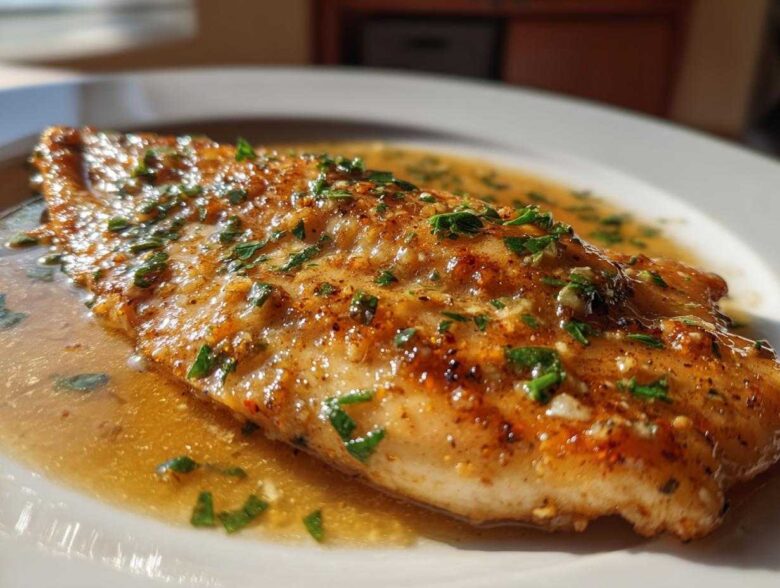 A close-up of a perfectly cooked Lemon Garlic Butter Tilapia fillet swimming in savory sauce and topped with fresh parsley.