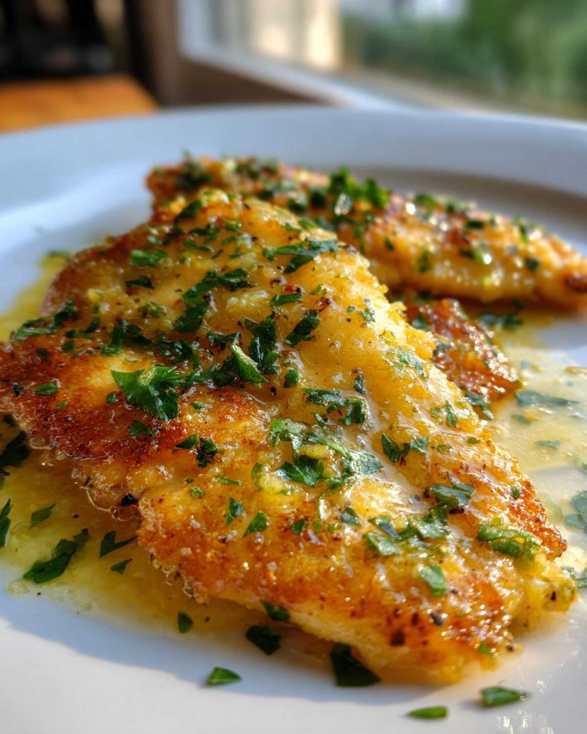 Close-up of pan-seared Lemon Garlic Butter Tilapia fillets covered in sauce and fresh parsley.