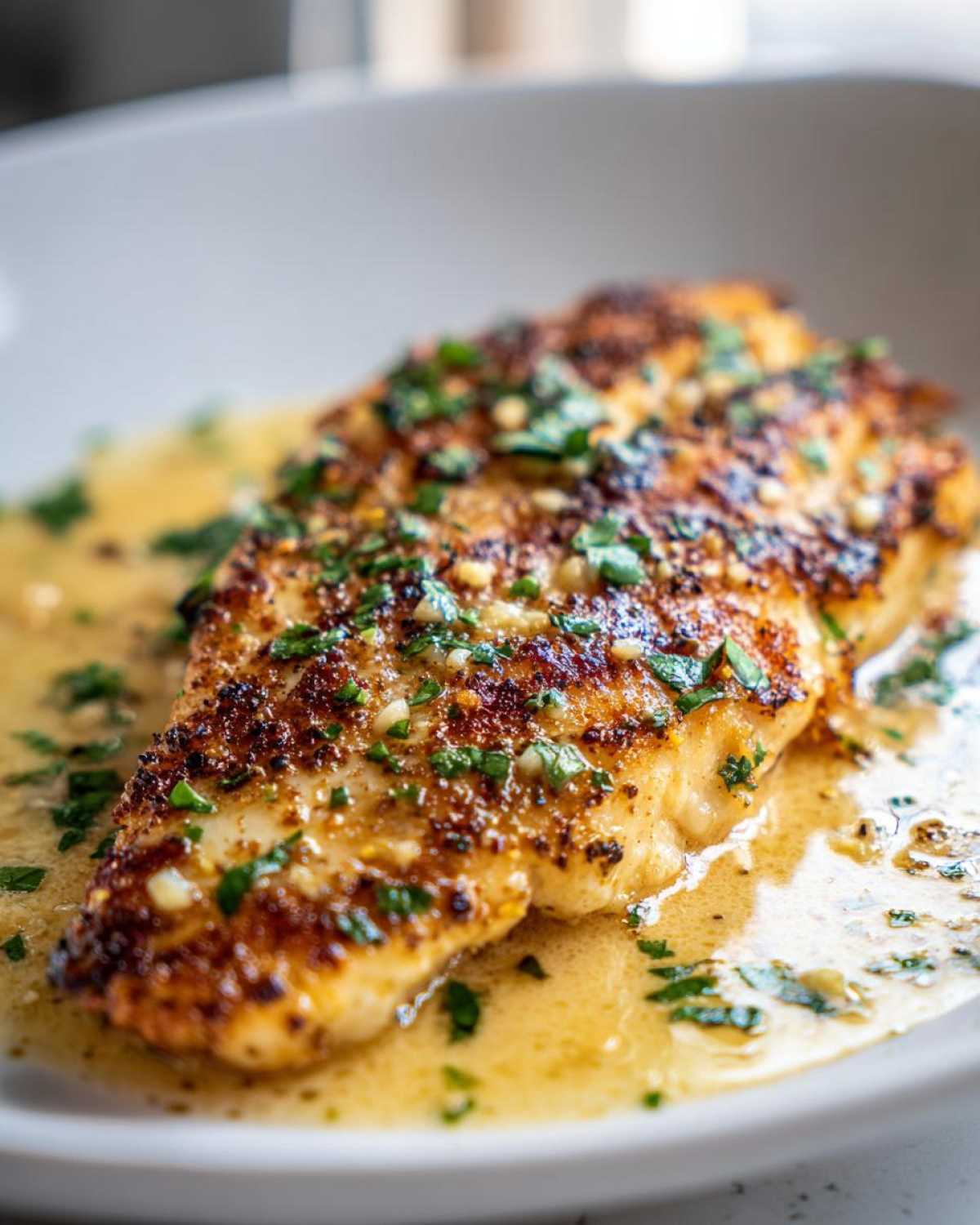 Close-up of a perfectly seared Lemon Garlic Butter Tilapia fillet covered in a rich sauce and fresh parsley.