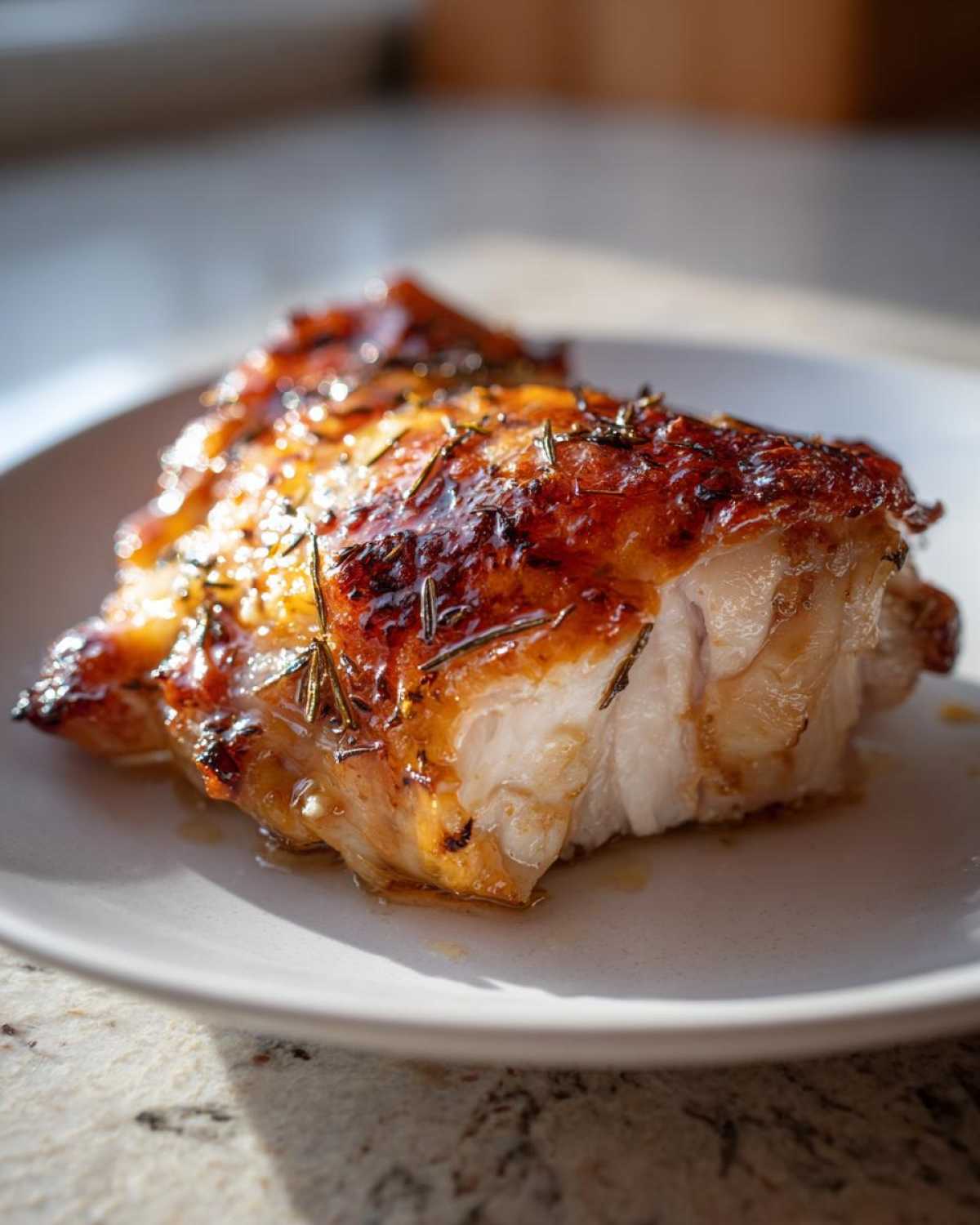 Close-up of a juicy Lemon Garlic Roasted Chicken Thighs with crispy, glazed skin and rosemary.