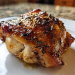 Close-up of a perfectly roasted Lemon Garlic Roasted Chicken Thighs with crispy, herb-crusted skin.