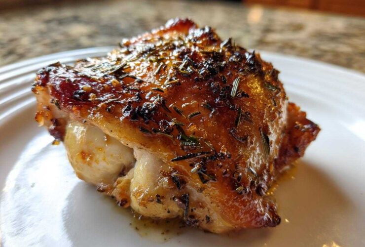Close-up of a perfectly roasted Lemon Garlic Roasted Chicken Thighs with crispy, herb-crusted skin.