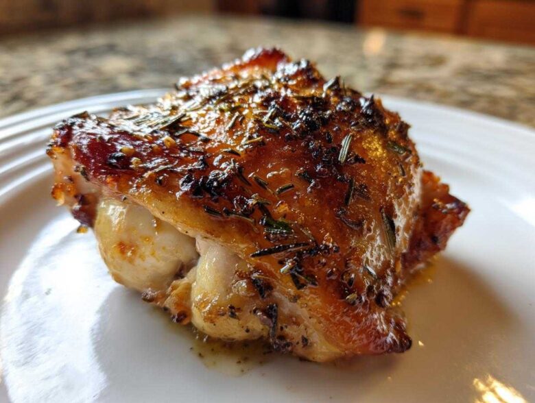 Close-up of a perfectly roasted Lemon Garlic Roasted Chicken Thighs with crispy, herb-crusted skin.