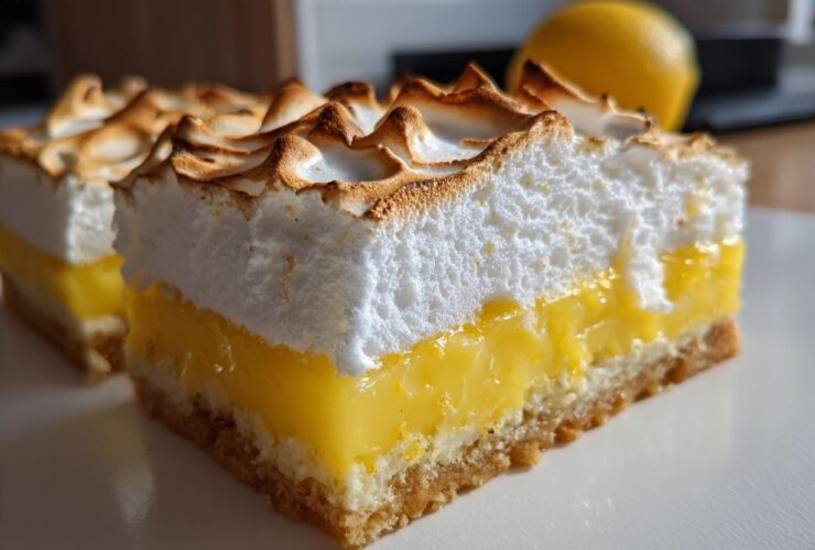 A close-up view of a thick slice of Lemon Meringue Pie Bars, showing the crust, bright yellow filling, and toasted meringue.