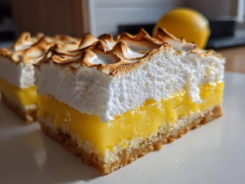 A close-up view of a thick slice of Lemon Meringue Pie Bars, showing the crust, bright yellow filling, and toasted meringue.