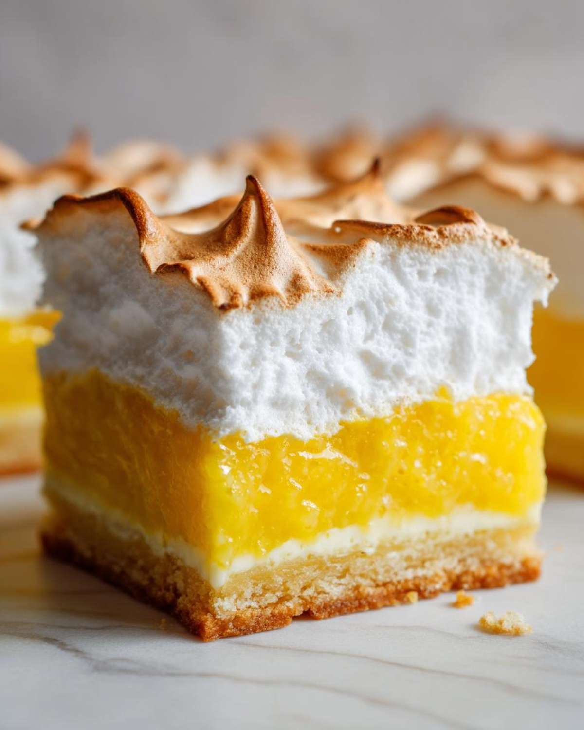 A thick, layered square of Lemon Meringue Pie Bars showing a crust, bright yellow lemon filling, and a tall, toasted meringue topping.