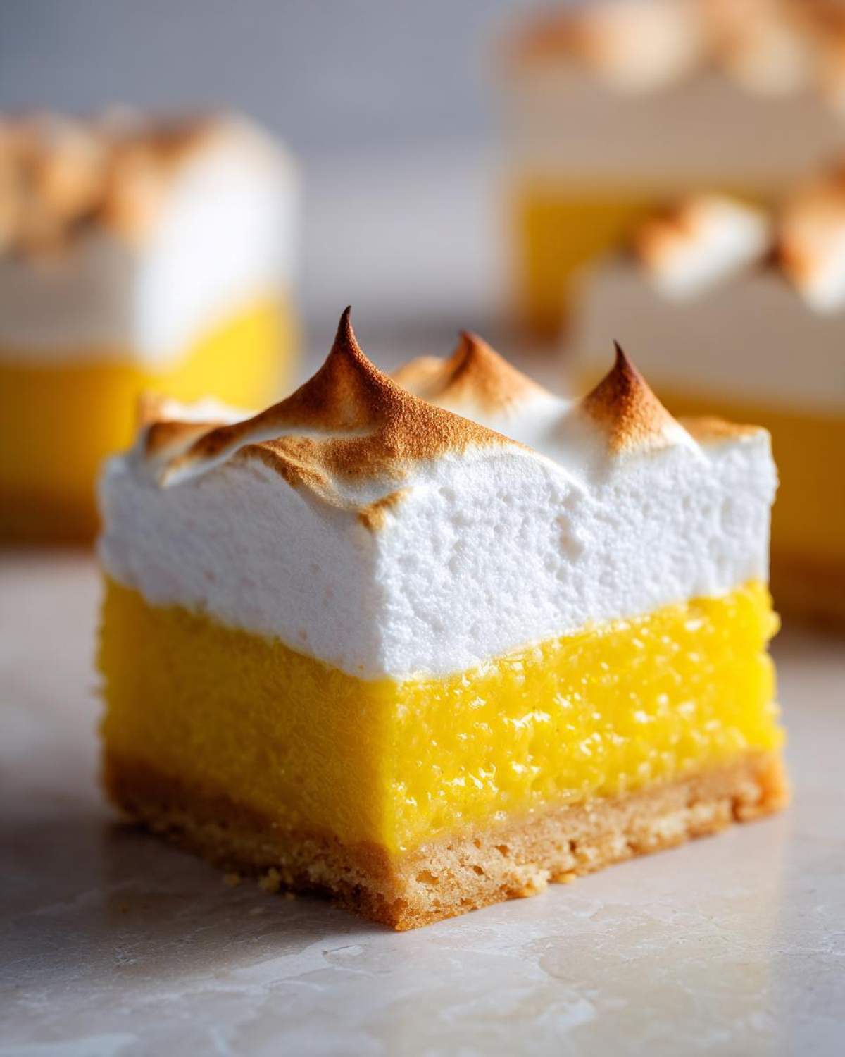 A thick square slice of Lemon Meringue Pie Bars featuring a shortbread crust, bright yellow lemon filling, and torched meringue topping.