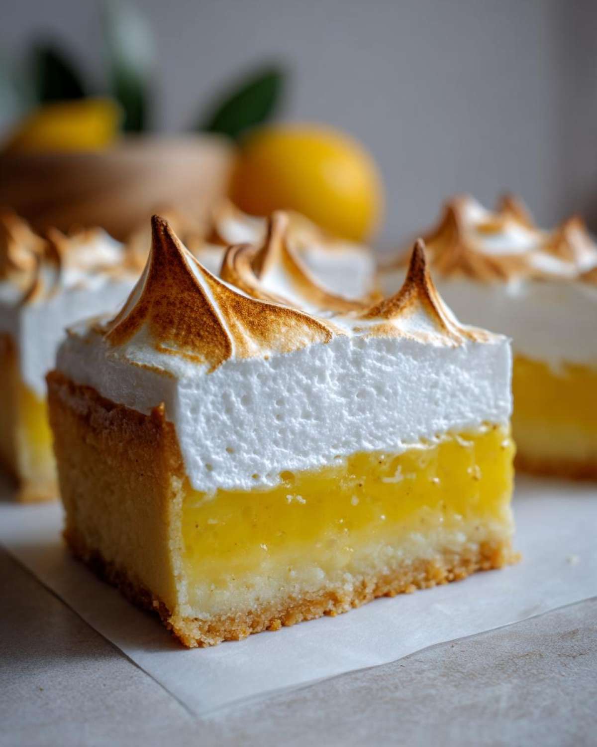 A close-up of a square Lemon Meringue Pie Bars slice showing the crust, bright yellow lemon filling, and peaks of toasted meringue.