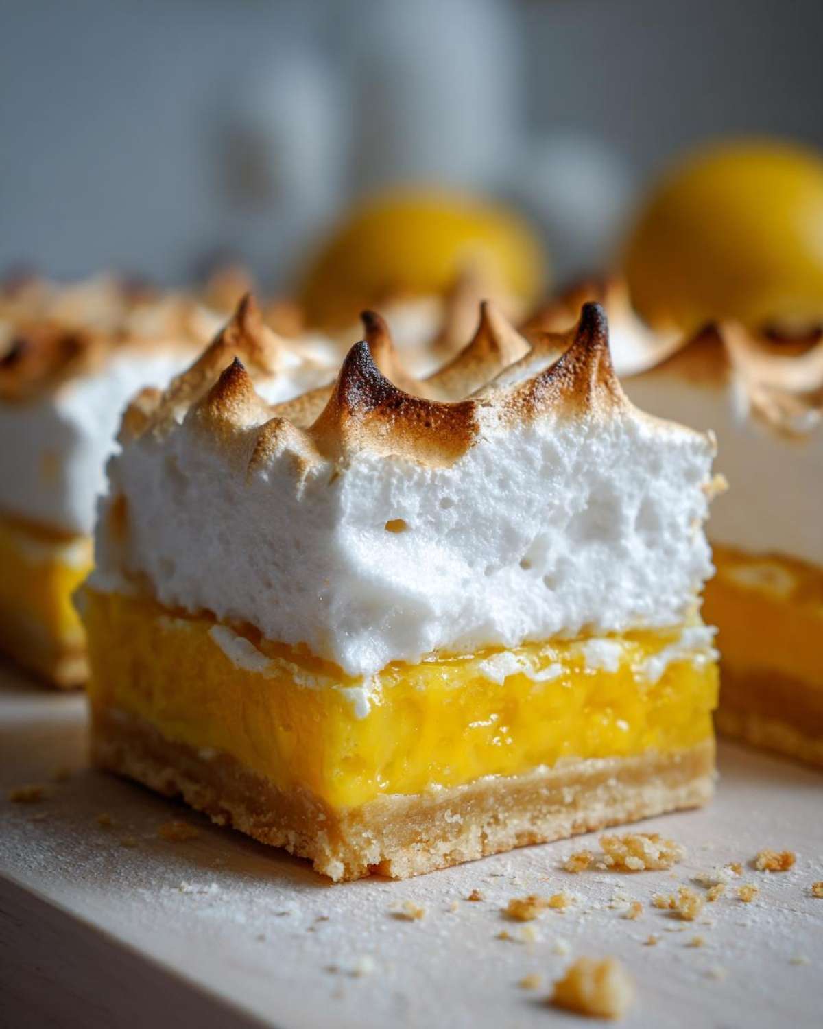 A close-up shot of a square Lemon Meringue Pie Bars slice showing a shortbread crust, bright yellow lemon filling, and towering, toasted meringue topping.