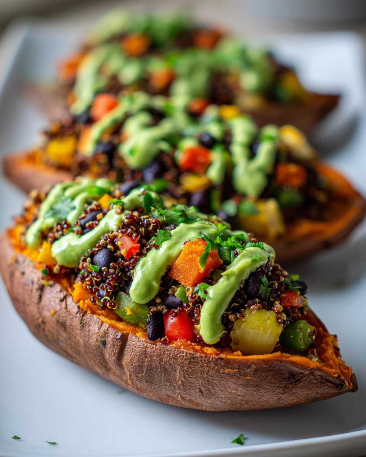 Close-up of Loaded Veggie Stuffed Sweet Potatoes filled with quinoa, black beans, colorful vegetables, and drizzled with a creamy green sauce.