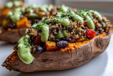 Close-up of a Loaded Veggie Stuffed Sweet Potato topped with quinoa, black beans, and a creamy green sauce.