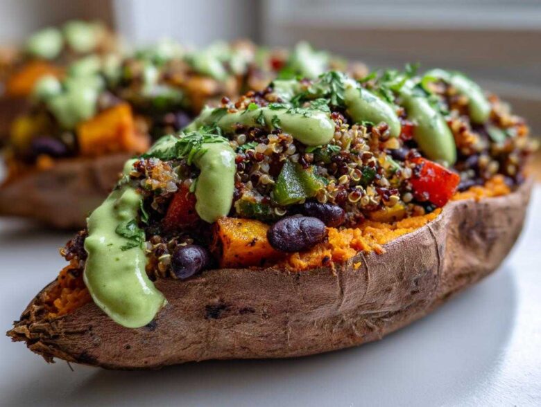 Close-up of a Loaded Veggie Stuffed Sweet Potato topped with quinoa, black beans, and a creamy green sauce.