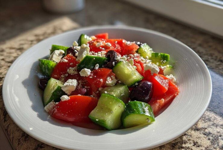 Close-up of a vibrant Mediterranean Cucumber Tomato Salad featuring chunks of tomato, cucumber, feta cheese, and olives.