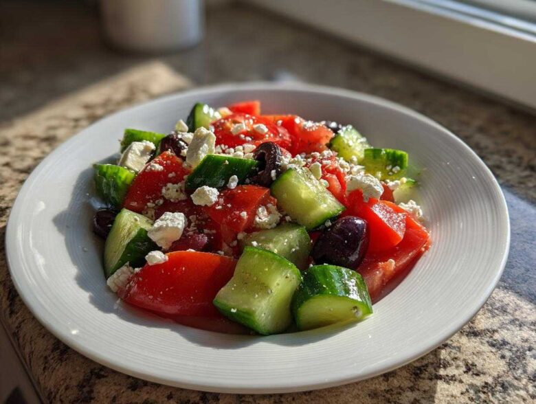 Close-up of a vibrant Mediterranean Cucumber Tomato Salad featuring chunks of tomato, cucumber, feta cheese, and olives.