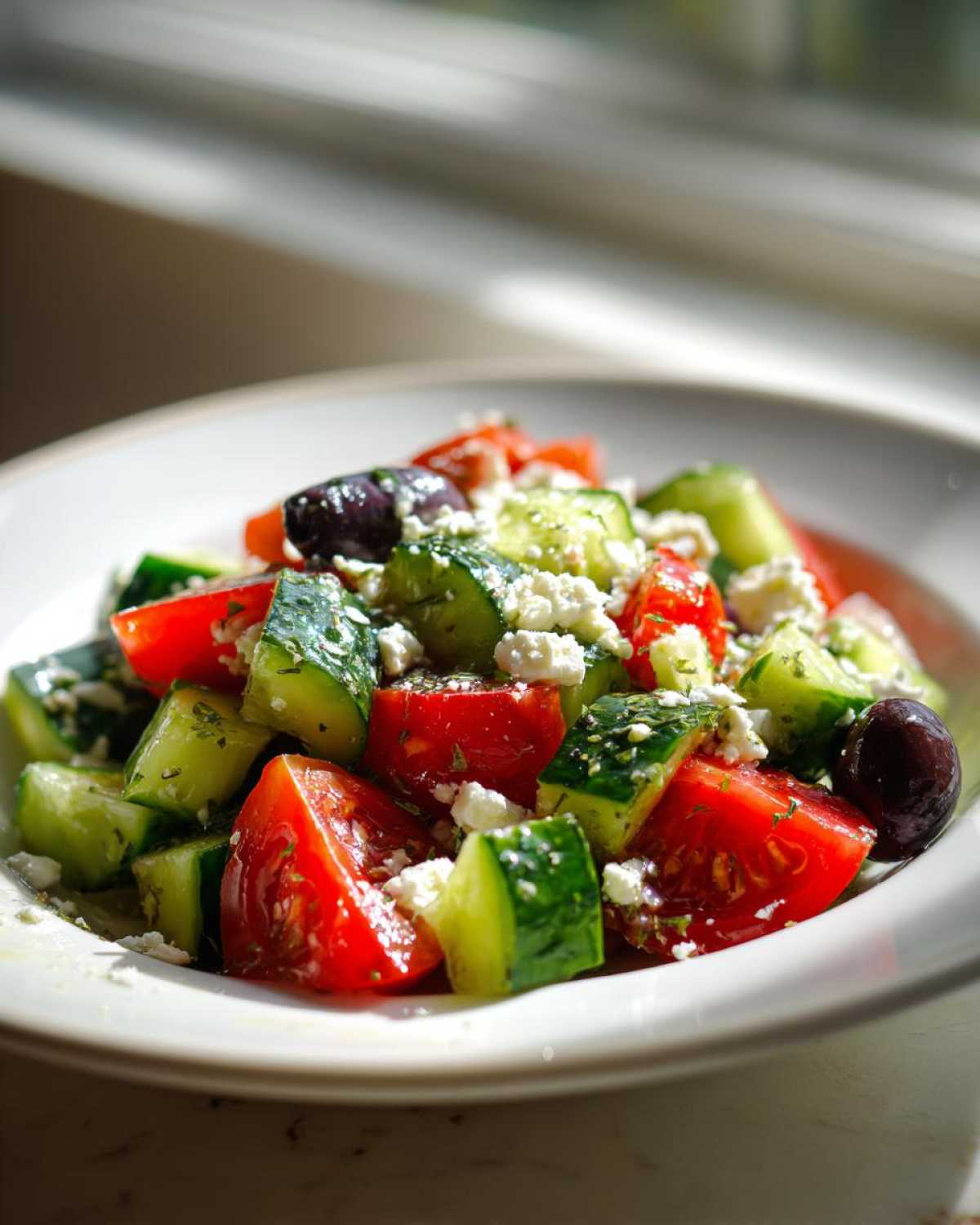 Close-up of a vibrant Mediterranean Cucumber Tomato Salad with feta cheese and olives.