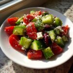Close-up of a fresh Mediterranean Cucumber Tomato Salad featuring chunks of cucumber, tomato, olives, and crumbled feta cheese.