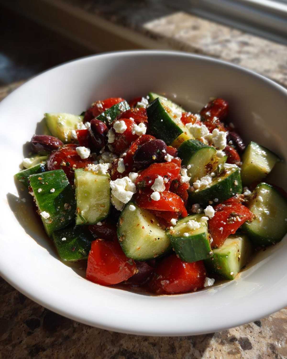 Close-up of a white bowl filled with Mediterranean Cucumber Tomato Salad, featuring chunks of cucumber, tomatoes, olives, and feta cheese.