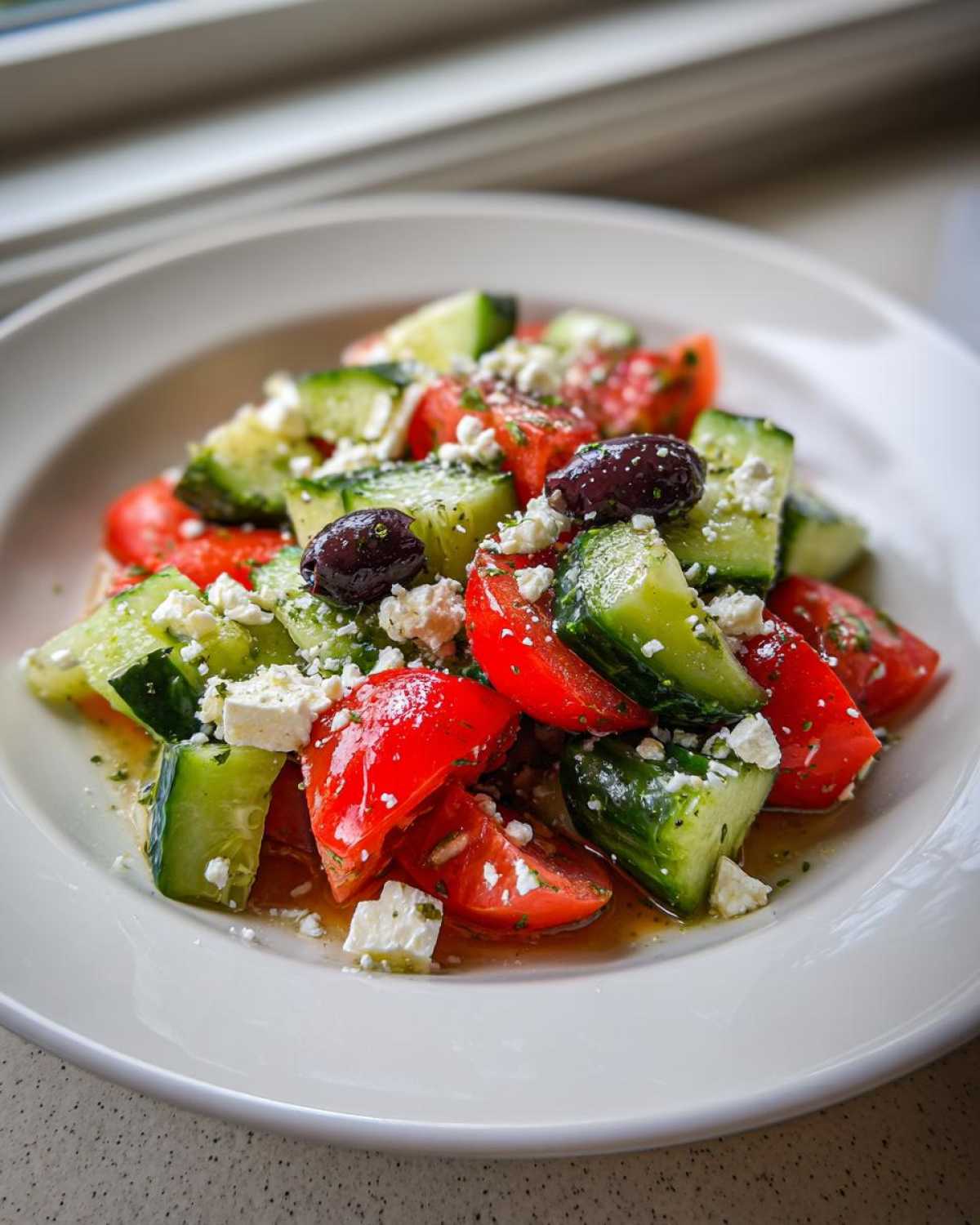Close-up of a fresh Mediterranean Cucumber Tomato Salad with feta cheese, olives, and dressing.