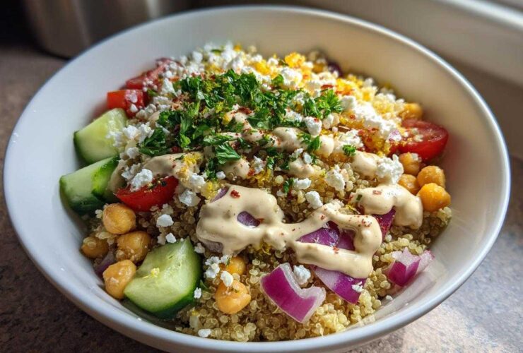 A vibrant Mediterranean Quinoa Bowl topped with feta, chickpeas, cucumber, red onion, and drizzled with lemon tahini sauce.