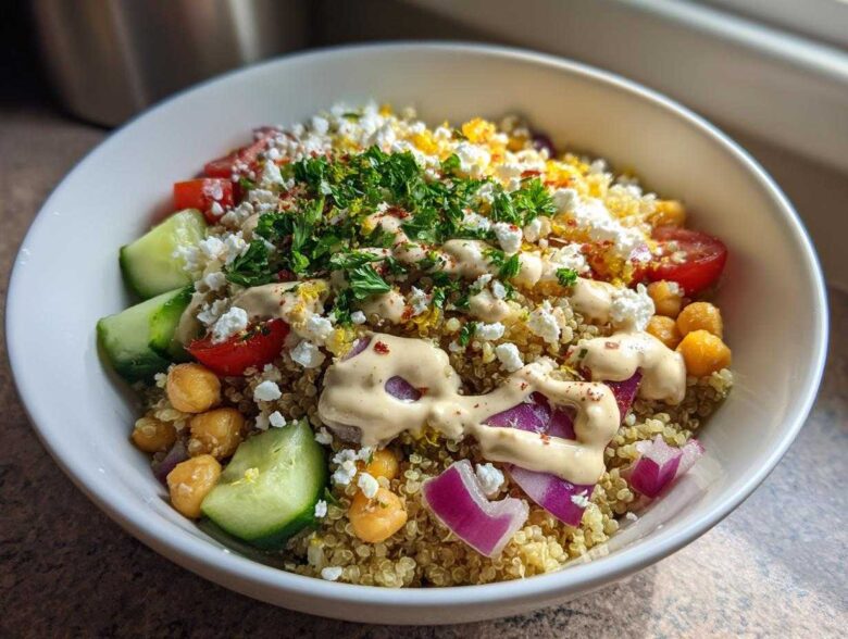 A vibrant Mediterranean Quinoa Bowl topped with feta, chickpeas, cucumber, red onion, and drizzled with lemon tahini sauce.