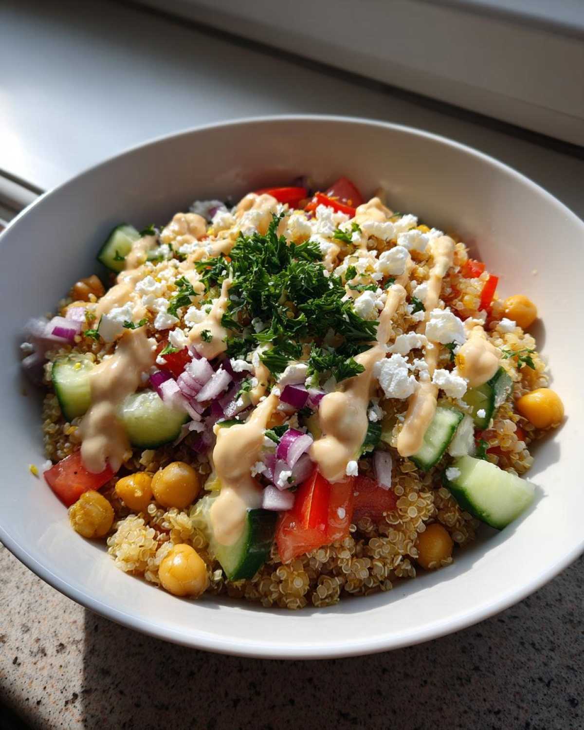 A close-up of a Mediterranean Quinoa Bowl topped with chickpeas, cucumber, feta, and lemon tahini sauce.