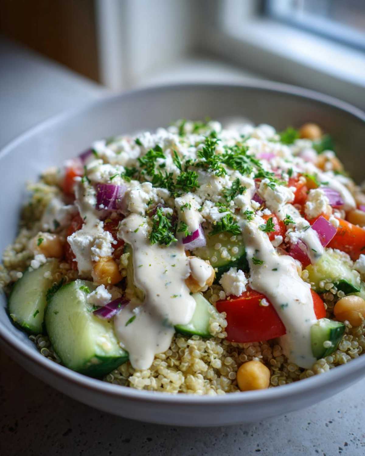 Close-up of a Mediterranean Quinoa Bowl topped with feta, cucumbers, tomatoes, and drizzled with lemon tahini sauce.