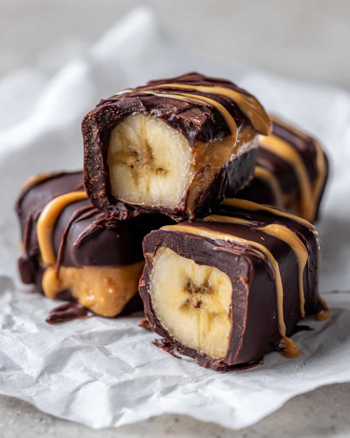 Close-up of three No-Bake Chocolate Covered Banana Bites showing banana center, peanut butter layer, and chocolate shell.