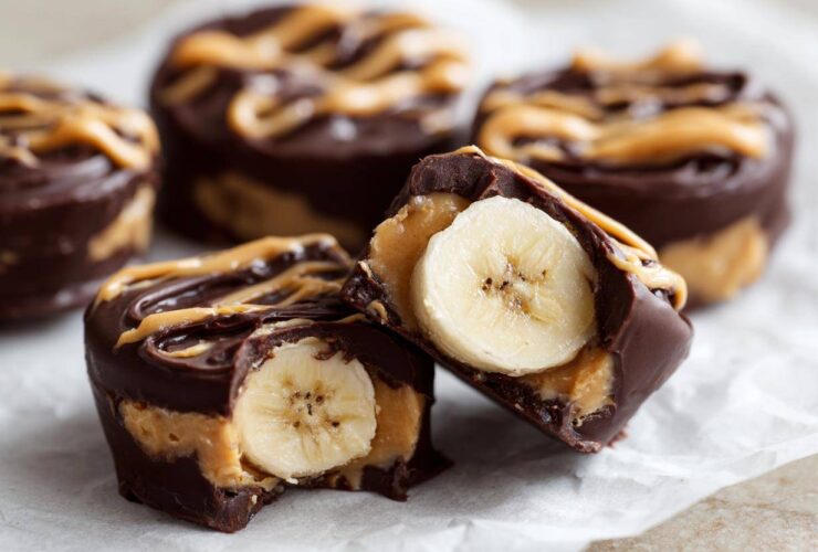 Close-up of No-Bake Chocolate Covered Banana Bites, one cut open revealing a banana slice inside.