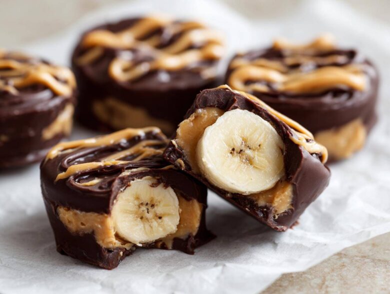 Close-up of No-Bake Chocolate Covered Banana Bites, one cut open revealing a banana slice inside.