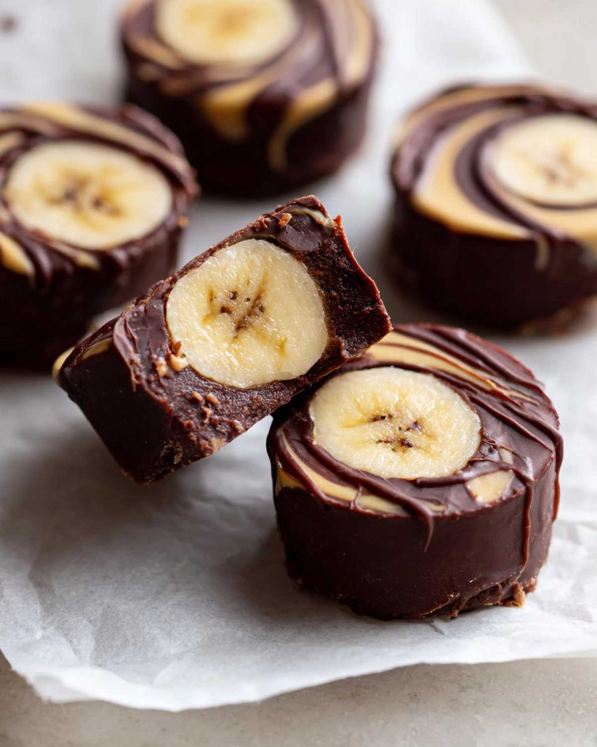 Close-up of No-Bake Chocolate Covered Banana Bites, one cut in half showing the banana center.