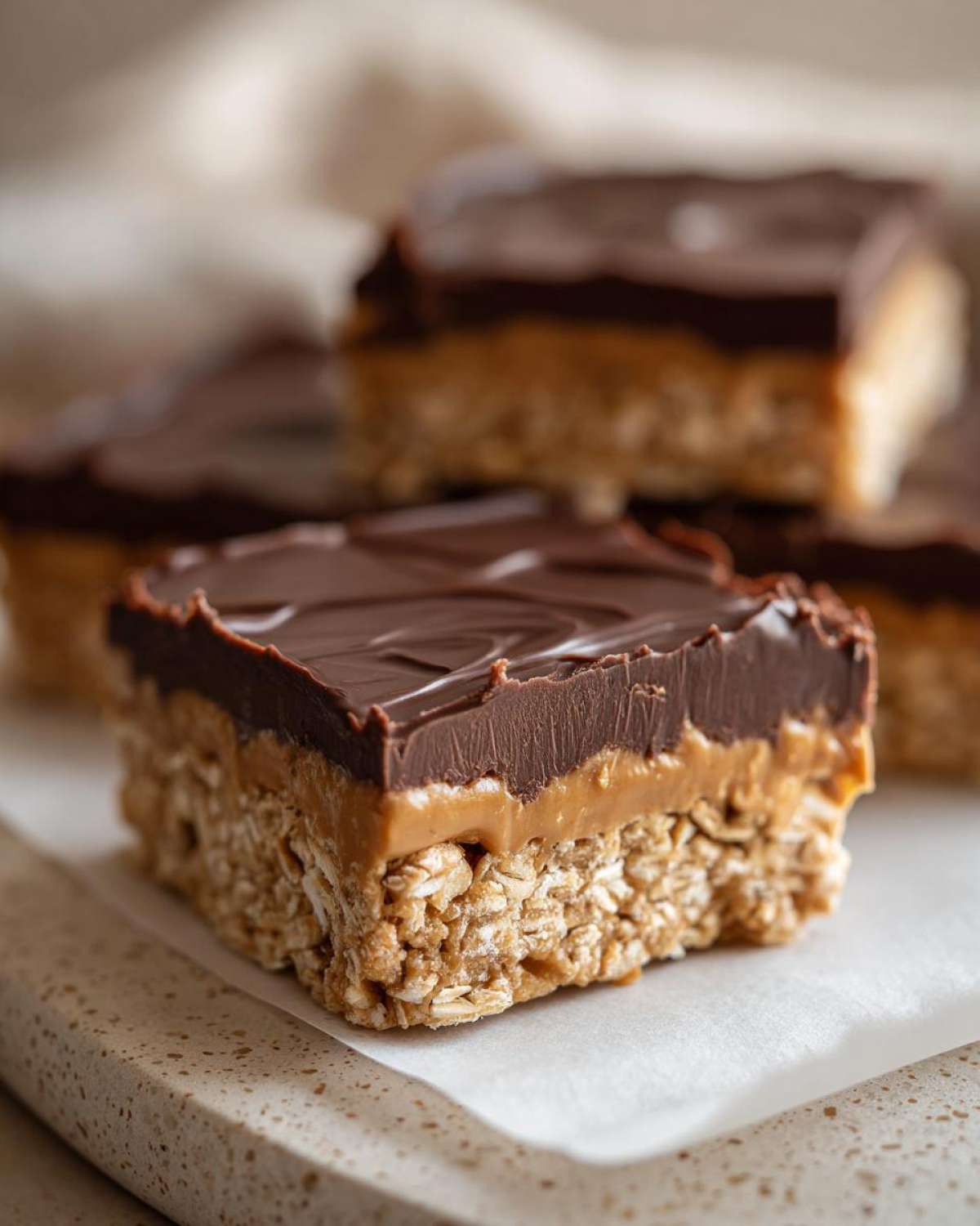 A close-up of one square of No-Bake Chocolate Peanut Butter Oat Bars showing the oat base, peanut butter layer, and chocolate topping.