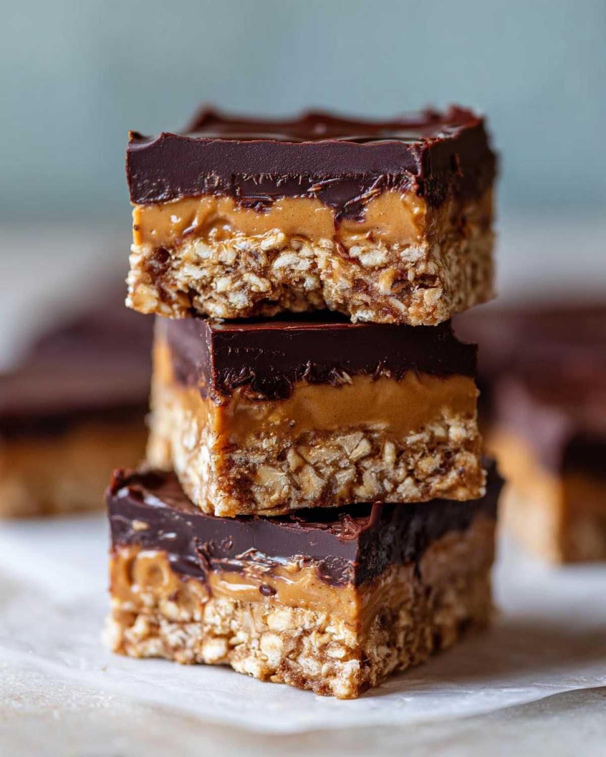 A stack of three No-Bake Chocolate Peanut Butter Oat Bars showing the oat base, peanut butter layer, and chocolate topping.