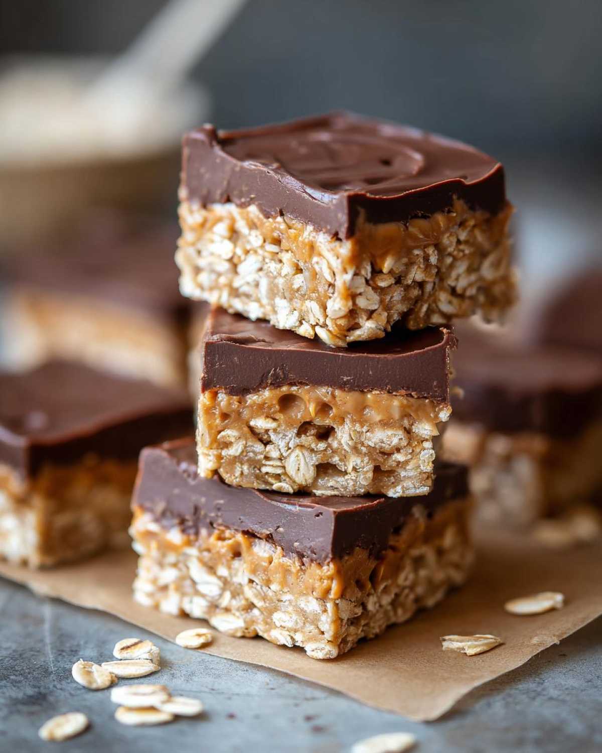 A stack of three No-Bake Chocolate Peanut Butter Oat Bars showing the oat base, peanut butter layer, and chocolate topping.