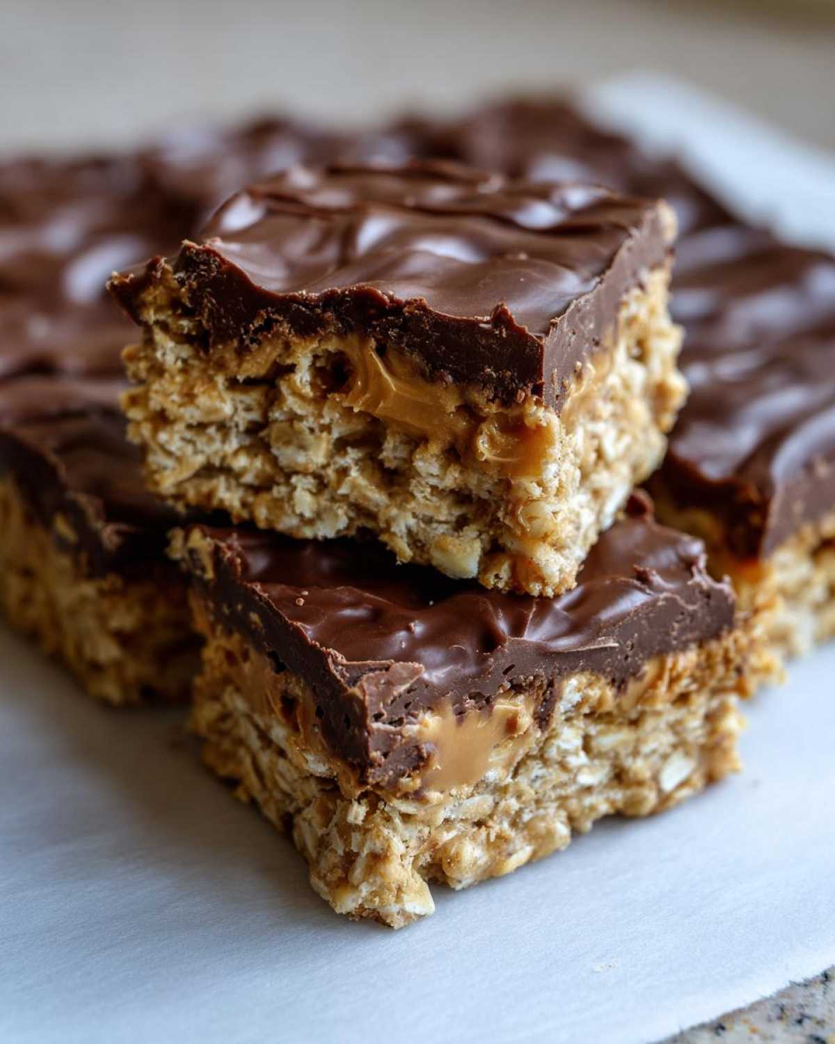 Two stacked squares of No-Bake Chocolate Peanut Butter Oat Bars showing the oat base, peanut butter layer, and chocolate topping.