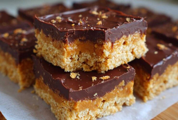 Two stacked No-Bake Chocolate Peanut Butter Oat Bars showing the oat base, peanut butter layer, and chocolate topping.