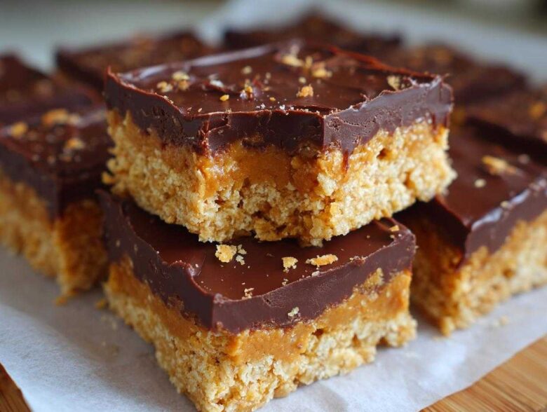 Two stacked No-Bake Chocolate Peanut Butter Oat Bars showing the oat base, peanut butter layer, and chocolate topping.