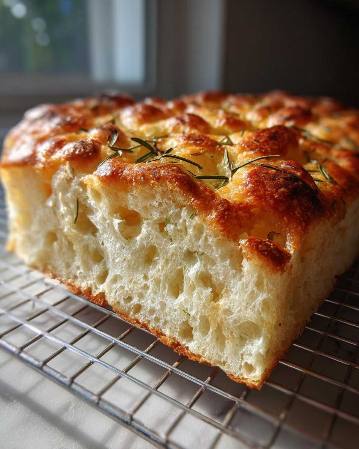 Close-up cross-section showing the airy, open crumb structure of No-Knead Skillet Focaccia with Rosemary.